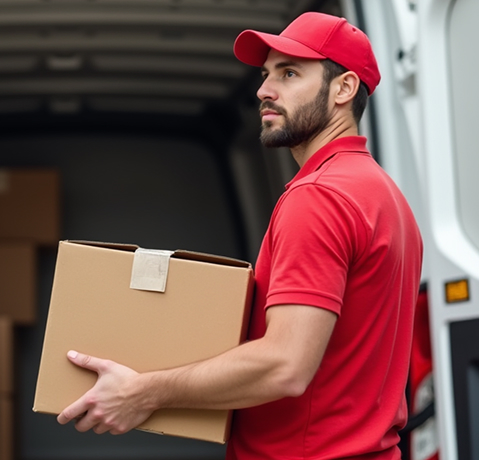 C4 Express courier in red uniform carrying a package from the delivery van.