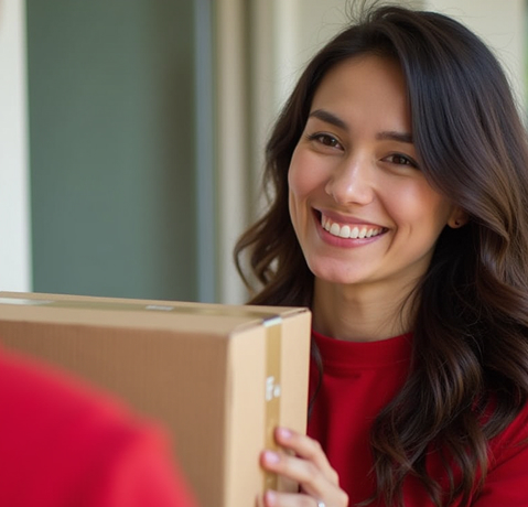 Smiling woman receiving a package from a C4 Express courier in a red uniform.