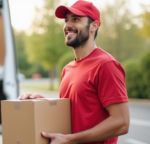 Smiling courier in red uniform delivering a box outdoors for C4 Express Logistics.