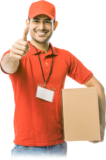 C4 Express driver smiling while holding a cardboard package.
