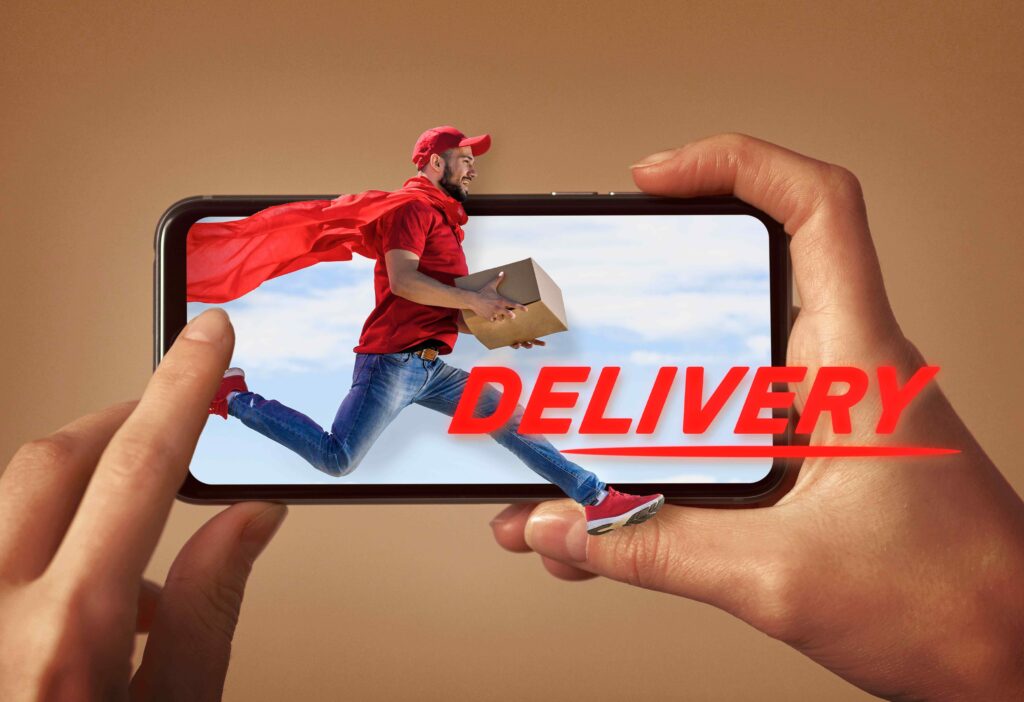 Courier in red uniform bursting out of a smartphone screen, symbolizing fast same-day delivery powered by mobile technology.