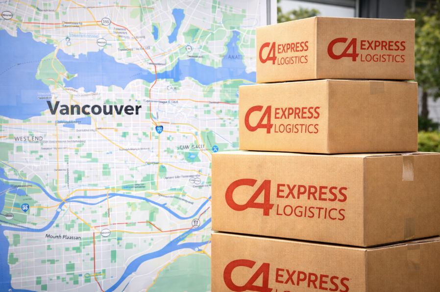 Vancouver courier service cargo van delivering packages in downtown Vancouver urban business district.