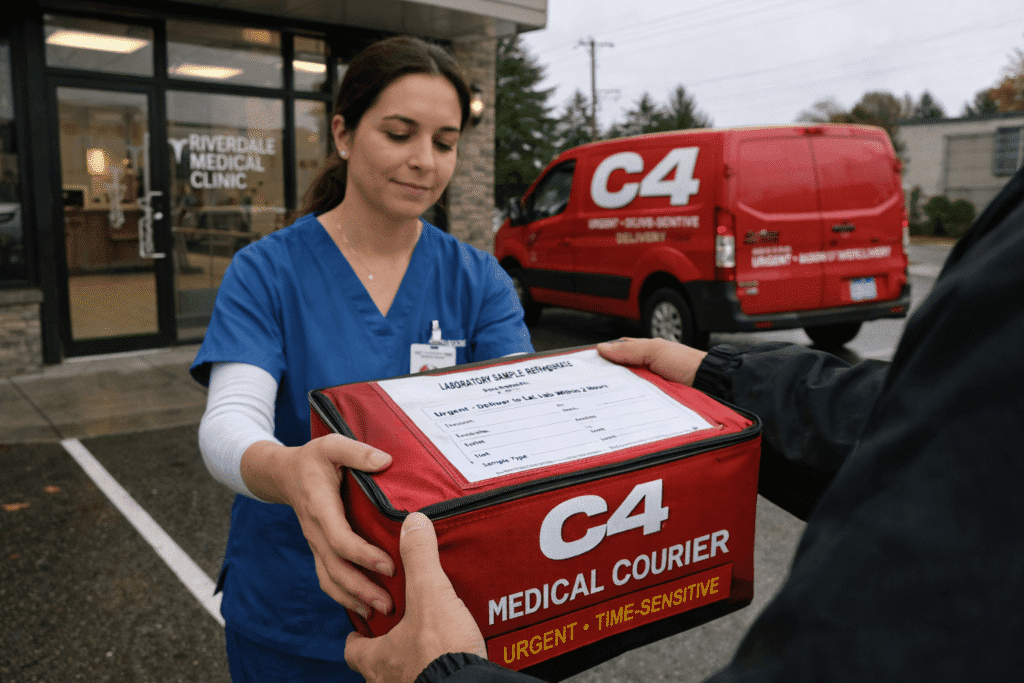 Medical courier delivering a healthcare package to a clinic professional in a modern medical office