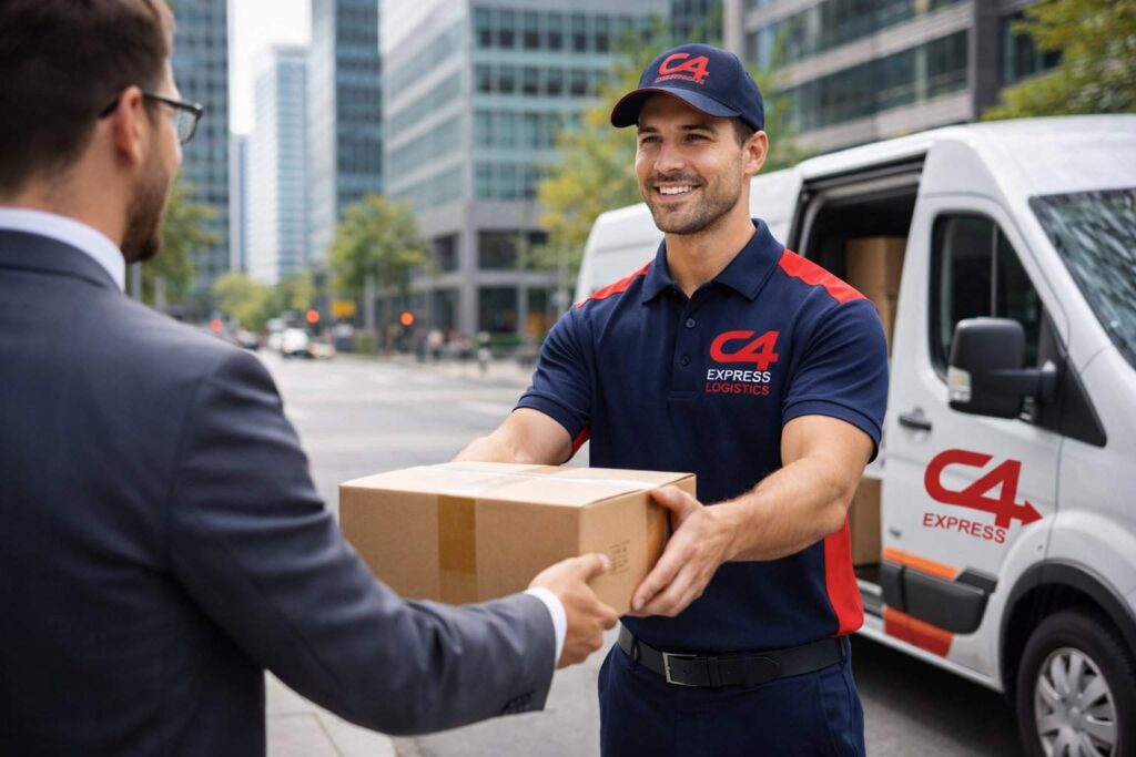 Private courier service delivery by C4 Express driver handing package to business client in urban area