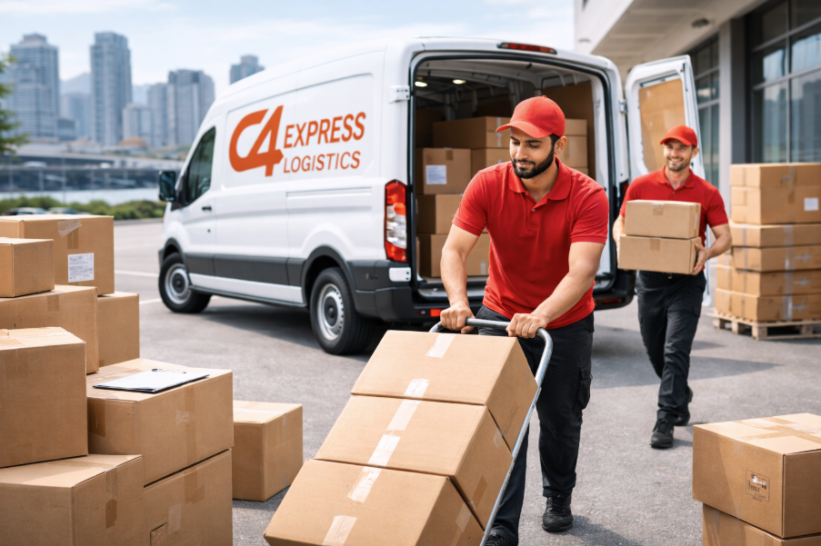 C4 Express cargo van performing local urban delivery in British Columbia, representing flexible and efficient regional logistics solutions.