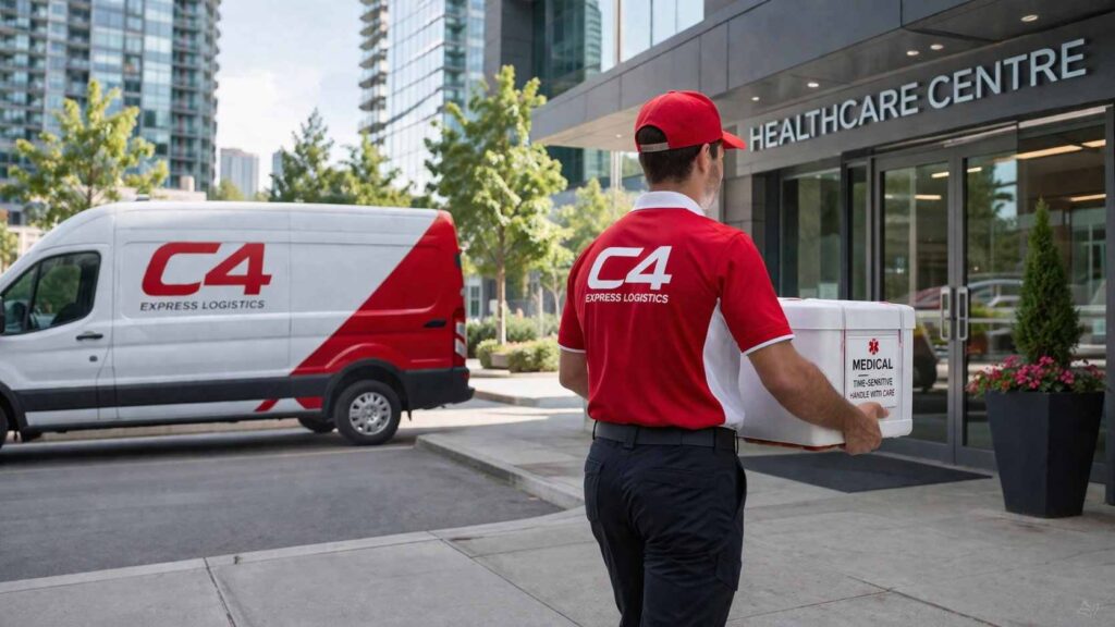 Medical courier in red and white uniform delivering a package near a healthcare facility with a branded delivery van in an urban area
