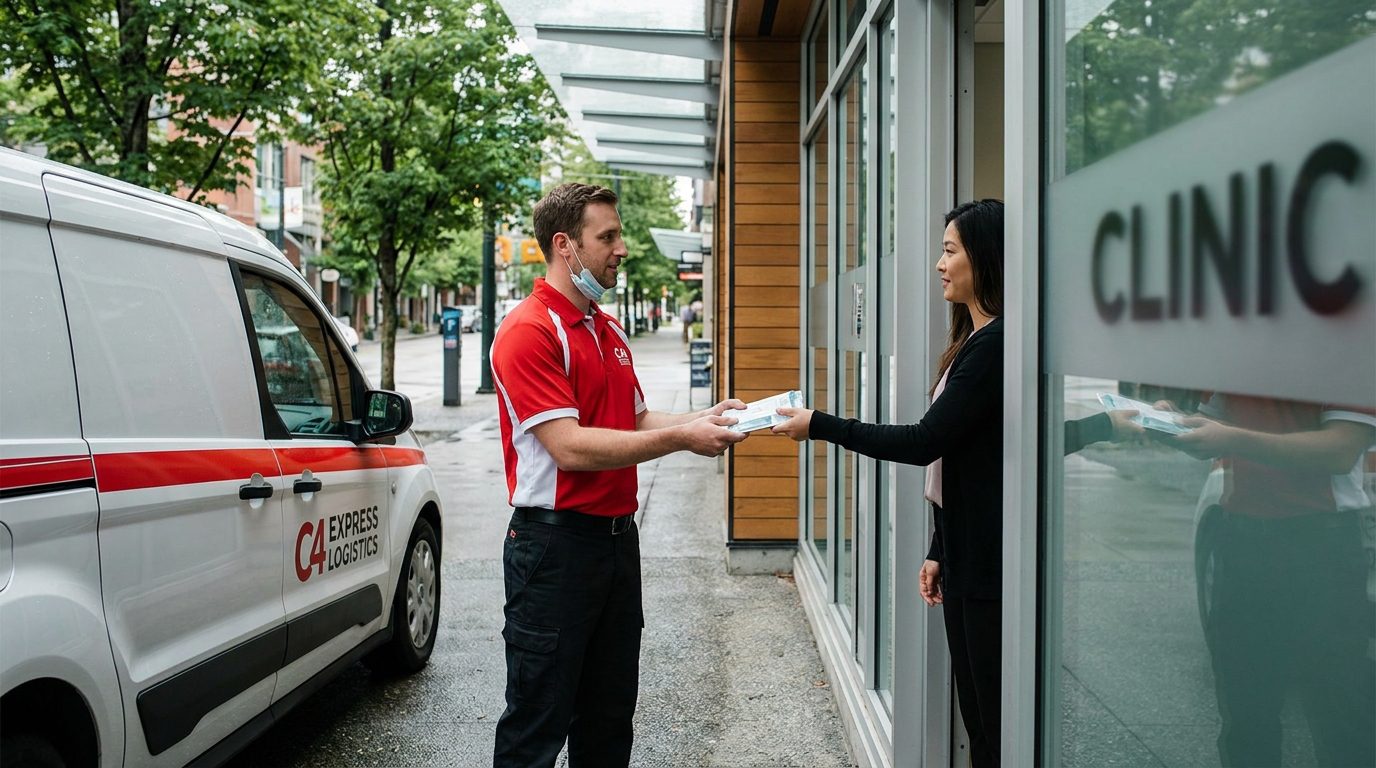 Medical courier delivering healthcare-related package at clinic entrance in the Lower Mainland with C4 Express Logistics van