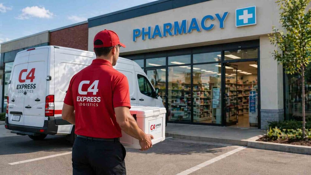 C4 Express Logistics courier making a delivery at a pharmacy in the Lower Mainland with a white company van in the background