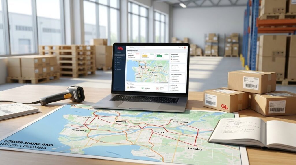 Courier service operations desk with delivery tracking dashboard, packages, barcode scanner, and Lower Mainland route map