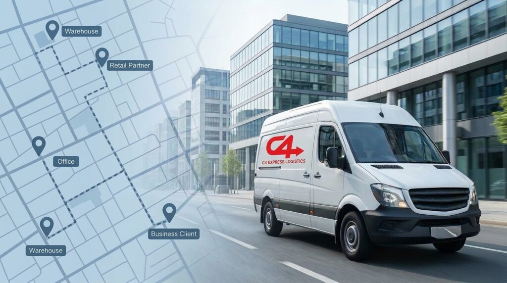C4 Express Logistics van with route map overlay showing dedicated delivery points in a modern business district.