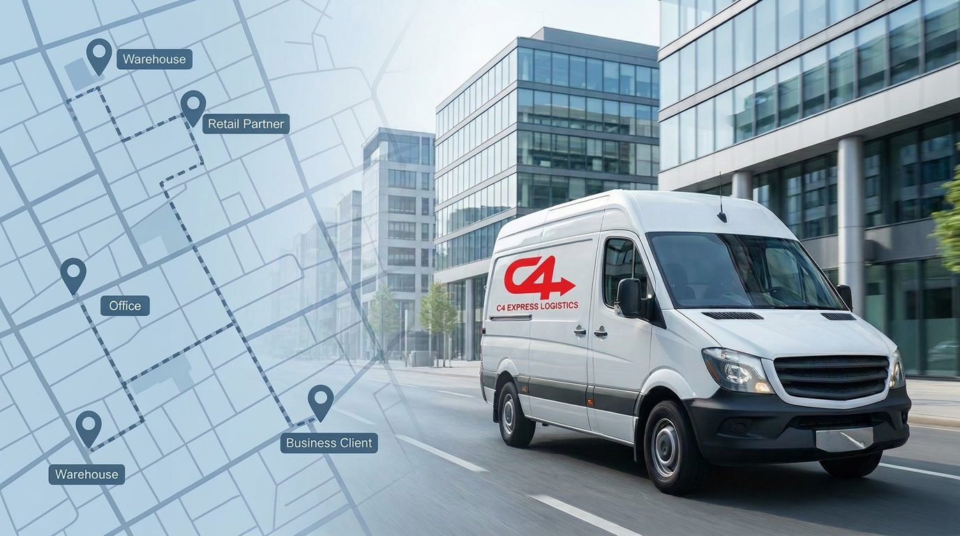 C4 Express Logistics van with route map overlay showing dedicated delivery points in a modern business district.