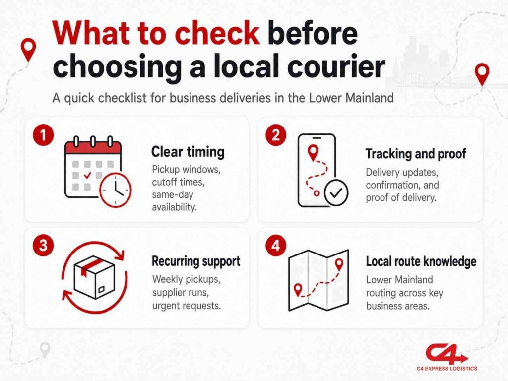 Infographic checklist showing what businesses should check before choosing a local courier, including clear timing, tracking, recurring support, and Lower Mainland route knowledge.