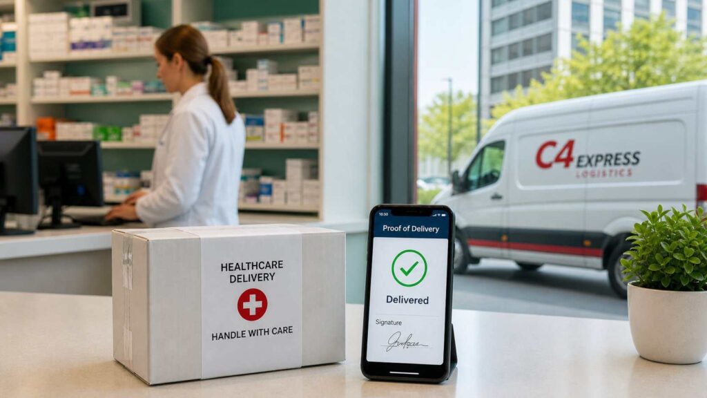 Medical courier delivery package with proof of delivery tracking in a Vancouver pharmacy setting