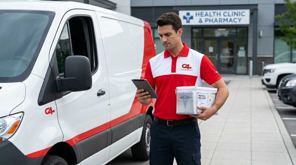 Medical courier from C4 Express holding a healthcare delivery package beside a van outside a clinic and pharmacy