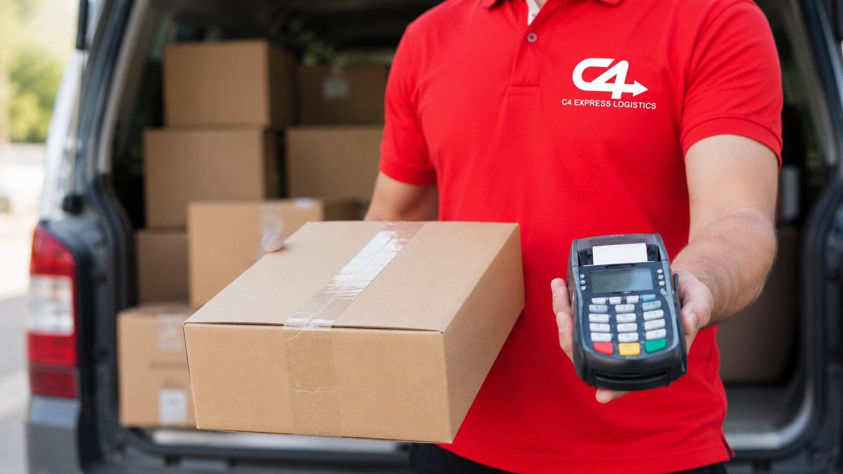 C4 Express courier holding a package and payment terminal beside a delivery van