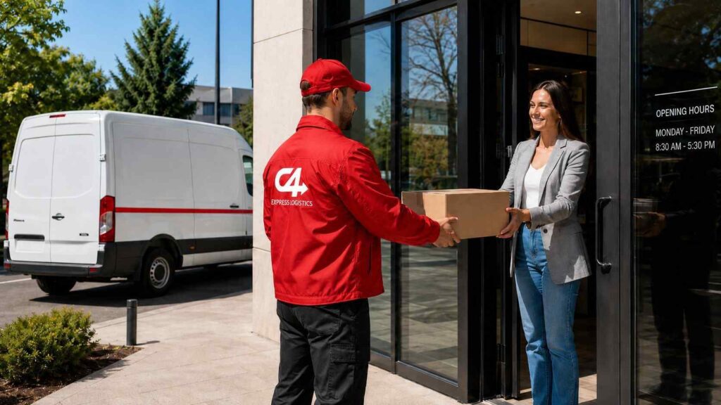 Courier in a red C4 Express uniform delivering a package to a business entrance in Surrey, BC, with a white delivery van parked outside