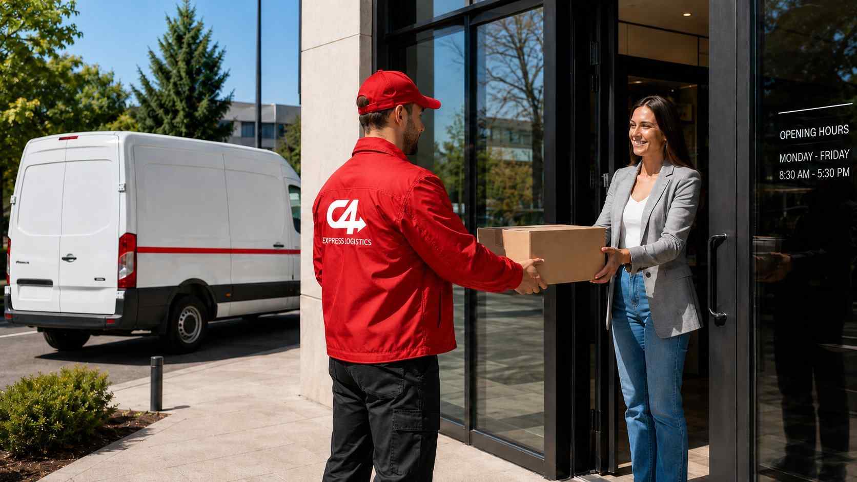 Courier in a red C4 Express uniform delivering a package to a business entrance in Surrey, BC, with a white delivery van parked outside