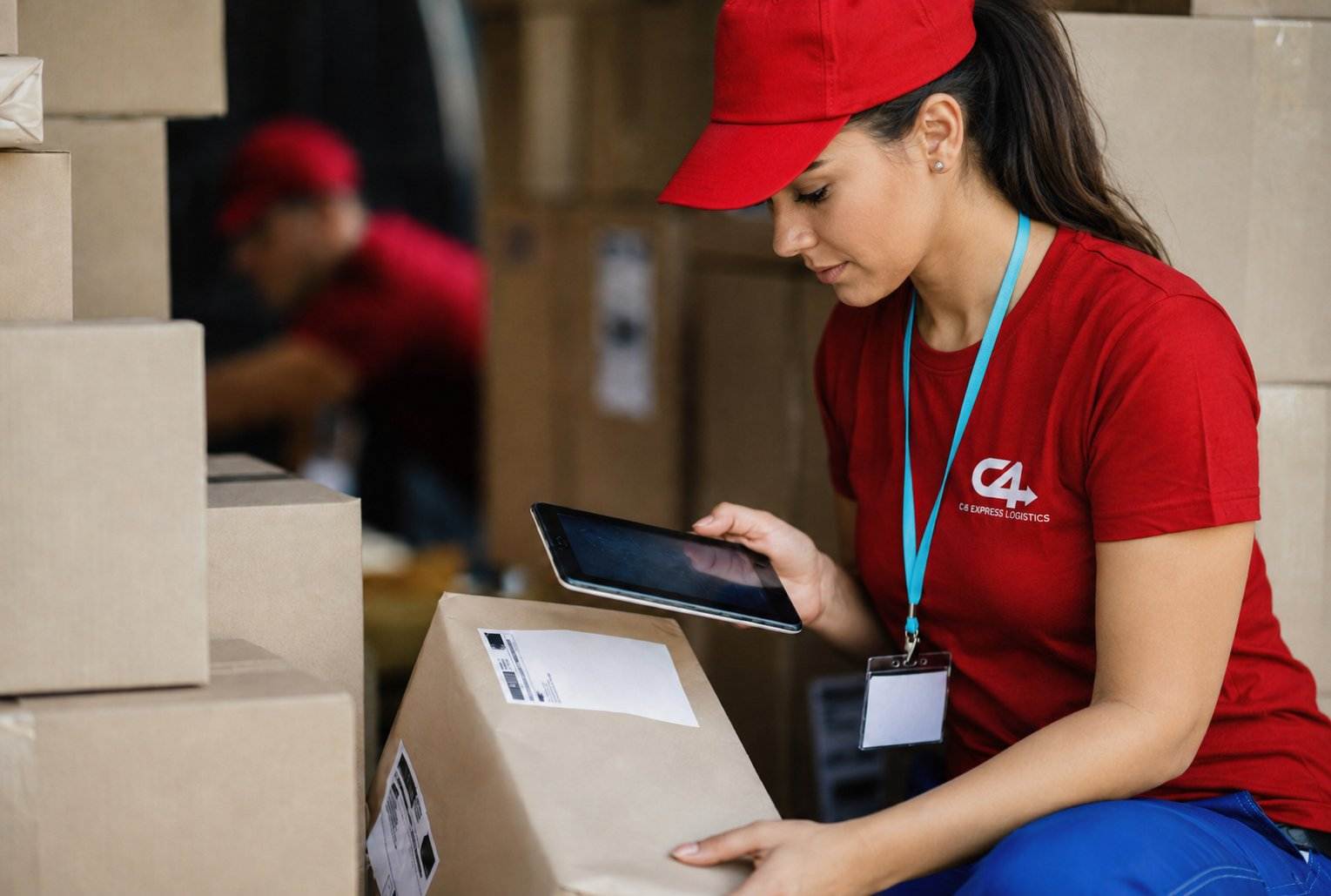 C4 Express courier using a tablet to track an express parcel in a warehouse