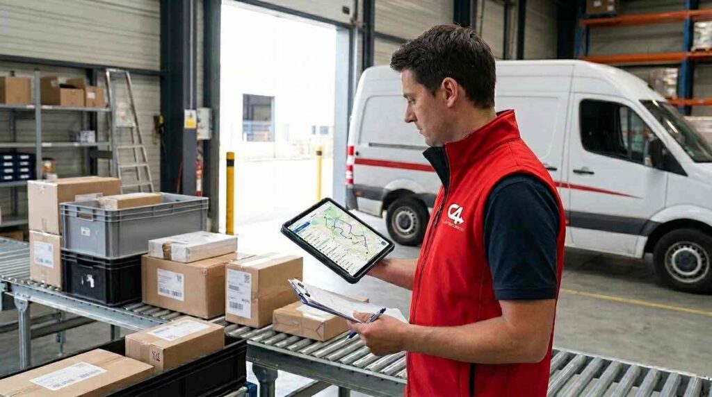 Delivery professional checking same-day delivery route on a tablet beside packages and a van in a warehouse loading area