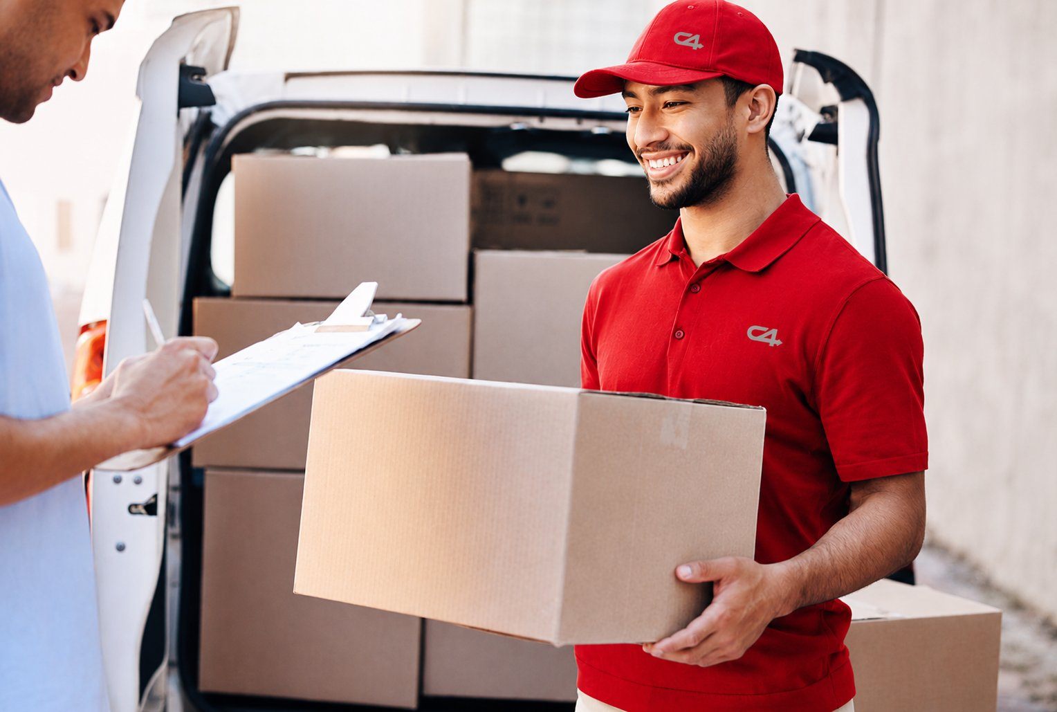Custom courier service driver delivering a package to a customer with personalized last-mile delivery.