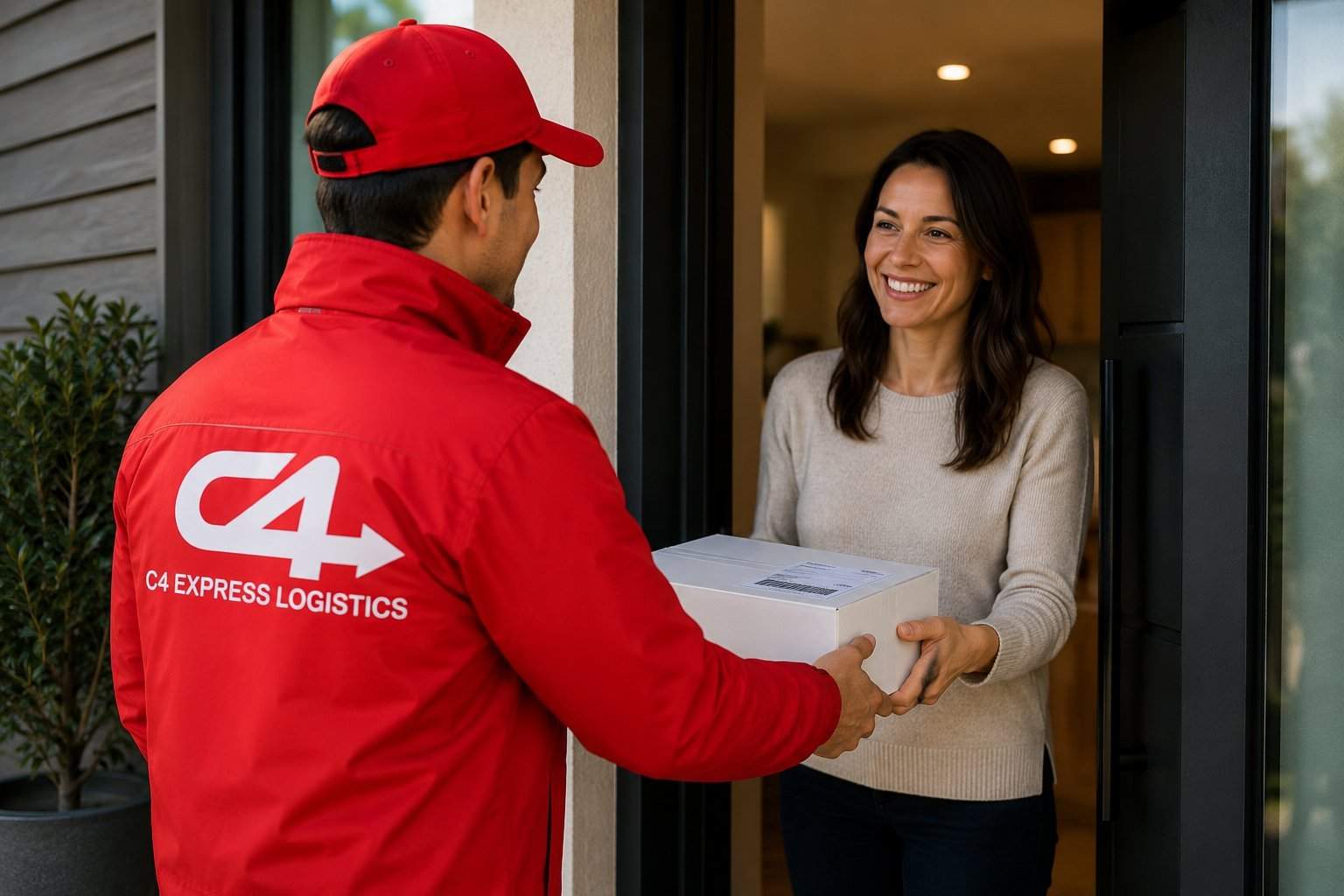 C4 Express Logistics courier delivering a package to a customer at the front door of a home in the Lower Mainland, BC.