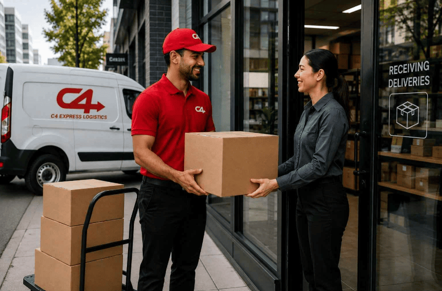 C4 Express driver in red uniform delivering a package to a business in the Lower Mainland