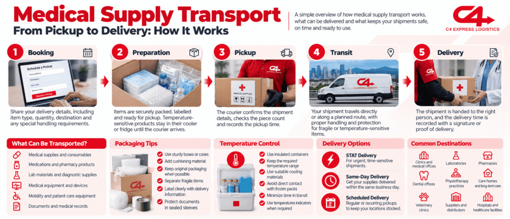 Infographic showing the medical supply transport process from booking, preparation and pickup to transit and delivery, with packaging tips, temperature control, delivery options and common destinations